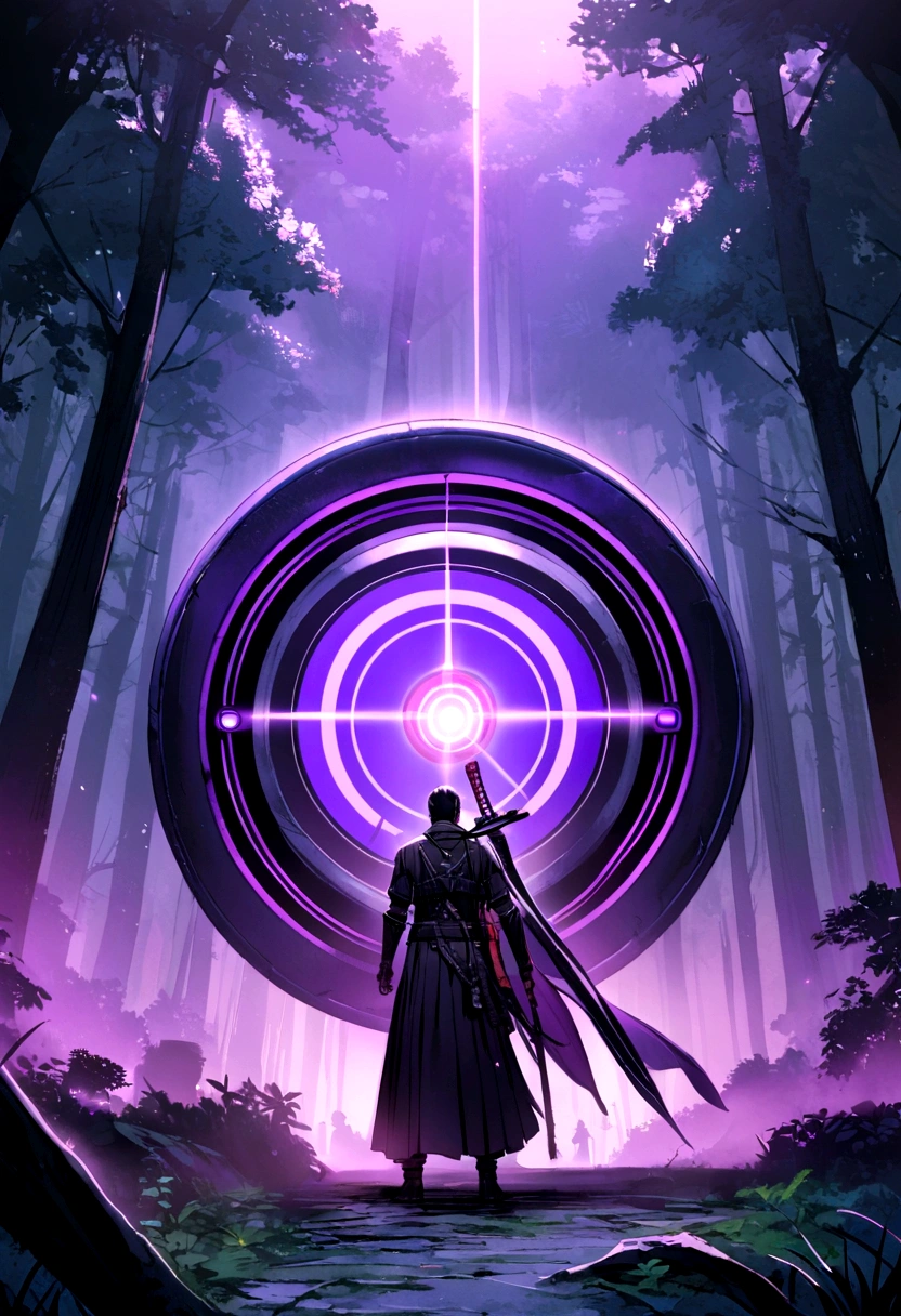 A black samurai with a purple katana standing in front of a sci fi time travel portal in the forest