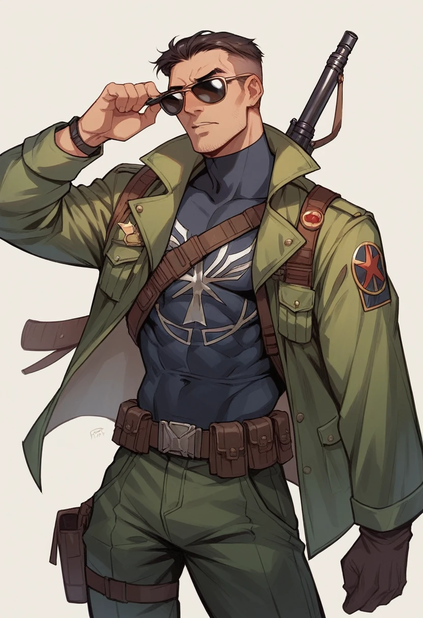 The militar is also HIM, sunglasses, Marvel's award-winning photo of a man, squared chin, asymmetrical face, in the rain, Jumpy, Eyes red, luz roxa, 80mm, bokeh, Mass Effect, close up, Cum_movie theater_v2, 8K, movie theatertic