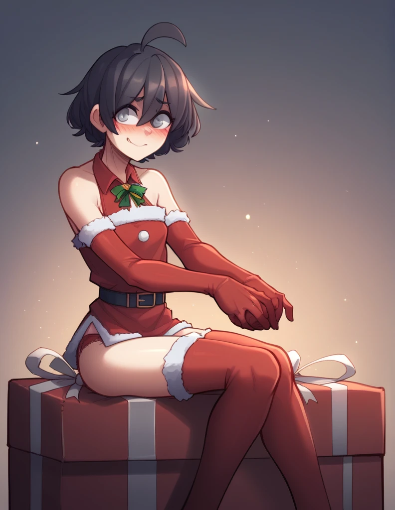 2 girl, alone, ppka, black fur, short hair, messy fur, Ahoge, parts, parts all over the body, grey eyes, blind, embarrassed smile, looking at the viewer, blushing embarrassed look, sitting,
Christmas, árbol de Christmas, Gifts,
Red socks, santa claus socks, Elbow length gloves, red gloves, wrapped as a gift,
only wearing underwear, christmas underwear, pose sexy,
Twins, gemelas sitting, twins holding hands