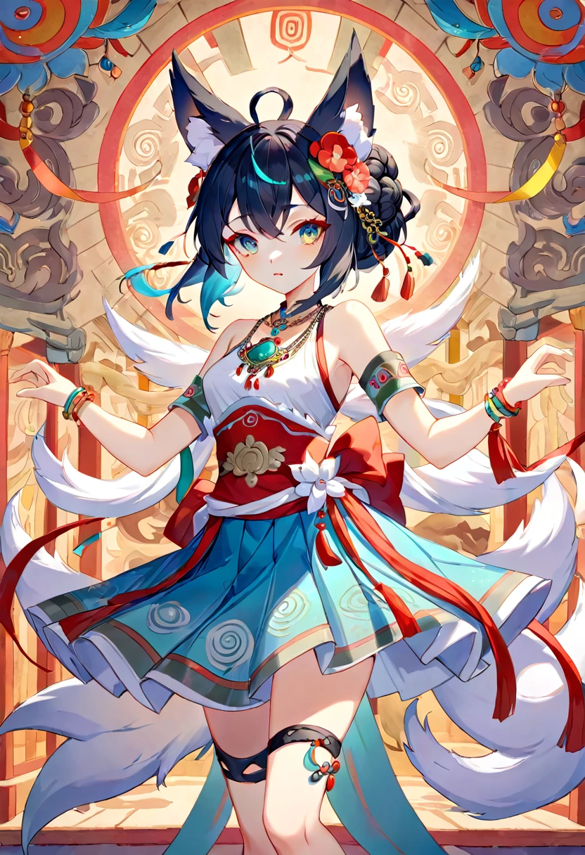 top quality, ancient Chinese beauty(highly detailed beautiful face and eyes)absurdres, perfect anatomy((beast woman, solo focus)) (((furry))) (furry anthro:1.7) ((((Furry body, fox facial features, fox body features)))) ((fox's muzzle, very detailed body fur))full body, dancing pose, gorgeous dress embroidered with intricate embroidery, transparent colorful ribbons tied around her arms, bare shoulders, open neck, wreath, black bun with flower hairpins Belts, armbands with streamers, necklaces, bracelets, anklets, metal chain tassels around the waist, Mogao Grottoes art, inspiration from Dunhuang Flying Apsaras murals, ink wash,