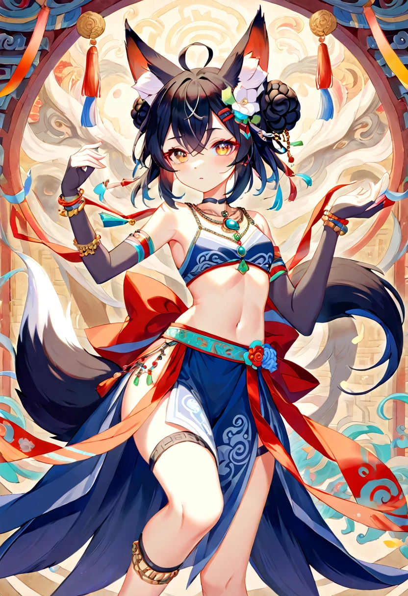 top quality, ancient Chinese beauty(highly detailed beautiful face and eyes)absurdres, perfect anatomy((beast woman, solo focus)) (((furry))) (furry anthro:1.7) ((((Furry body, fox facial features, fox body features)))) ((fox's muzzle, very detailed body fur))full body, dancing pose, gorgeous dress embroidered with intricate embroidery, transparent colorful ribbons tied around her arms, bare shoulders, open neck, wreath, black bun with flower hairpins Belts, armbands with streamers, necklaces, bracelets, anklets, metal chain tassels around the waist, Mogao Grottoes art, inspiration from Dunhuang Flying Apsaras murals, ink wash,