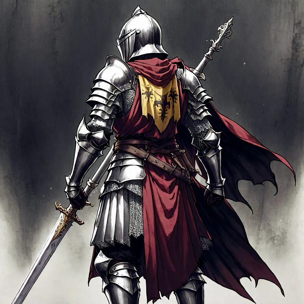 A knight in armor,Carrying a big sword on his back,Medieval European fantasy style。Black and White、yellowish、Dark red main color。