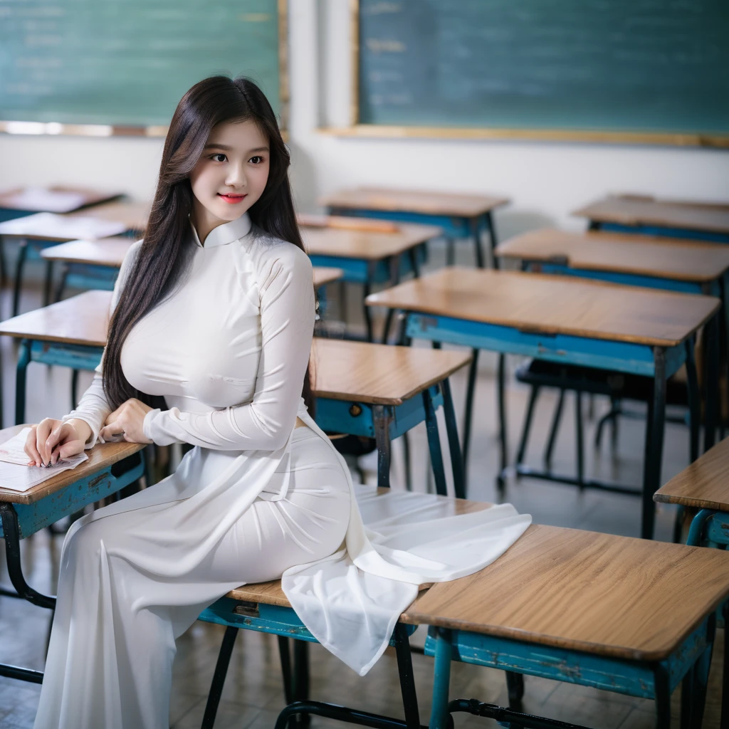 ((Ao Dai, fat, big breasts, beautiful breasts, sitting on a chair in the classroom, 8k quality photo with good details))