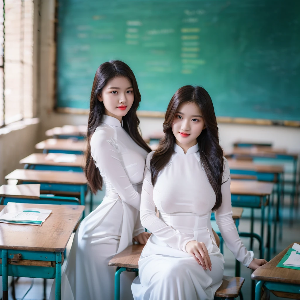 ((Ao Dai, fat, big breasts, beautiful breasts, sitting on a chair in the classroom, 8k quality photo with good details))