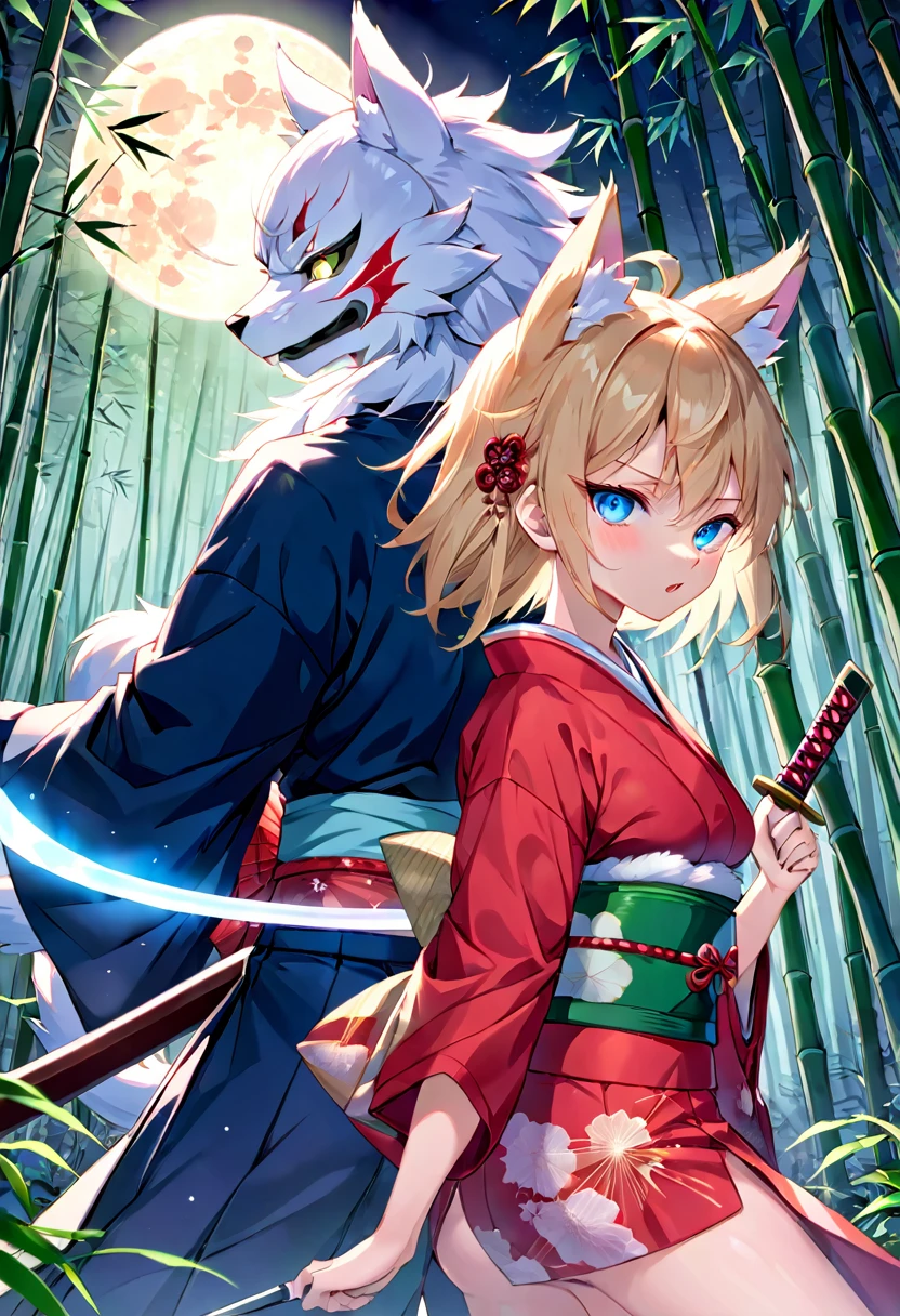 Top quality ultra-fine illustrations, movie posters, Zatoichi, Blind Swordsman (bamboo forest, dark night with beautiful full moon, rays of light through bamboo, backlighting, Tyndall phenomenon) (beautiful face and eyes, down to the details) Absurd perfect anatomy ((Beastman))) (furry, pairs, boy with girls on his back, Japan kimono, ninja, sword with blue flames, battle duels, concentration lines) ( Furry Antro: 1.7) ((((((Furry body, animal facial features, animal body features)))) (((((Highly detailed fur on the muzzle of the animal))))) full body, sturdy look, shouting, combat regime (dynamic pose),