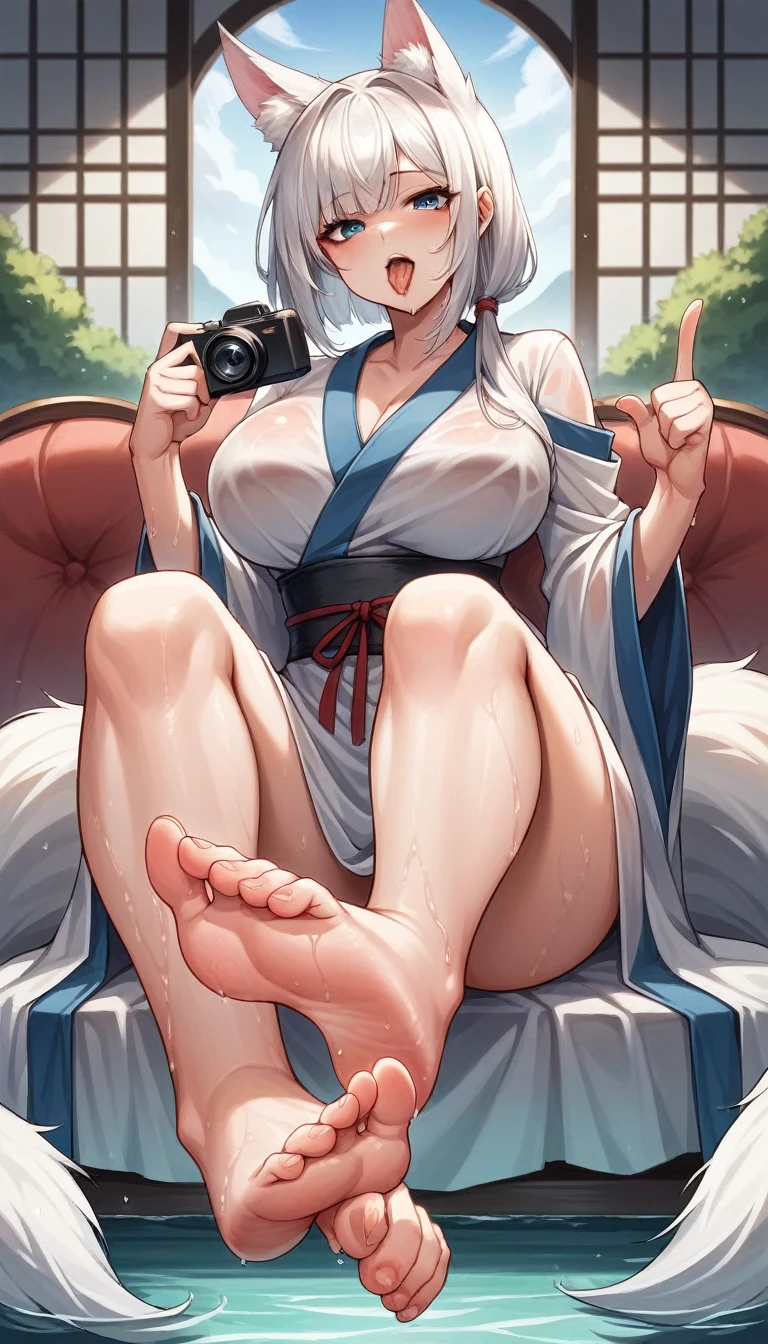 high detail, super detail, super high resolution, high quality. Extremely sexy and beautiful girl, with a beautiful face, Beautiful lips, White skin, blue eyes, curvy body, beautiful feet and thighs, long white hair, white fox ears and fox tail, low-cut japanese dress, Open mouth, sticking out tongue, a lot of saliva coming out of his tongue. sitting, showing legs, showing feet, showing soles. barefoot, feet on camera, big breasts, correct pie anatomy, foot anatomy, sexy pie, Feet pointing at viewer, Detailed feet, correct pie anatomy, seated. very wet, wet clothes, clothing fabric marking your body more. The water is white.