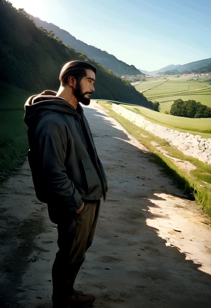 a latin man, 28 years old dark, without so much front, with comb over haircut , for the side and beard black, Warmly dressed in a hooded sweatshirt, he looks at the horizon from the side and thinks about his entire life., 1 man on the scene in the distance, far has to be far, a countryside scene, and a gravel road. wide angle camera scene, contemplative scene, full body shot, sun and daylight, movie perspective, High Definition, photorealistic