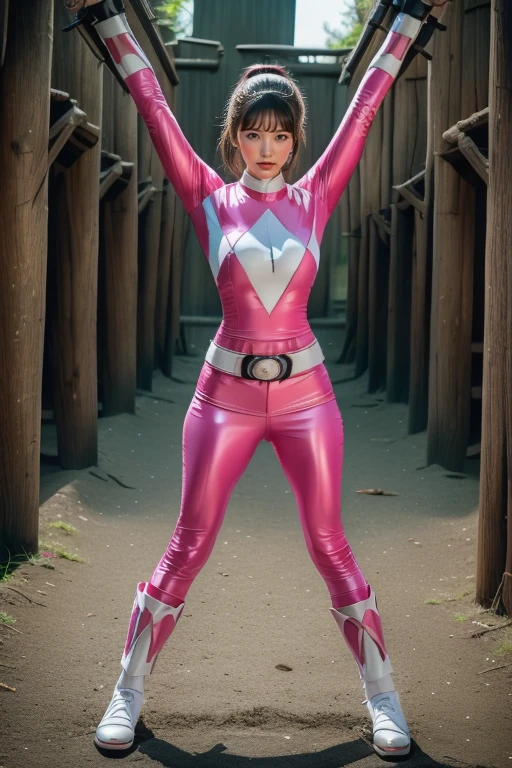 pink theme，pink ranger suit、curvy, big breats, full body, tied on Saint Andrew's cross in X position,