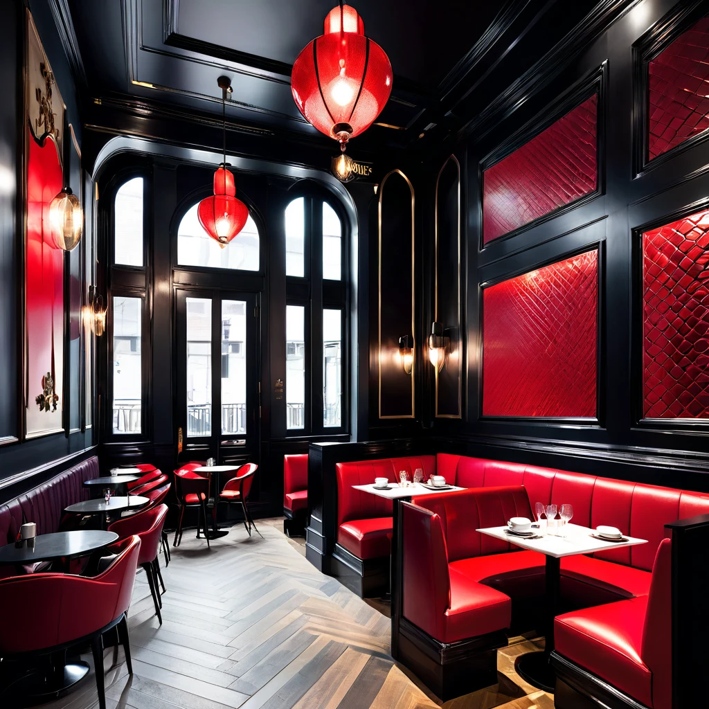 ---
**The Crimson Noir Café**
In the heart of a sprawling metropolis, amidst the ceaseless energy and fast pace of city life, lies The Crimson Noir Café. Nestled on a vibrant street corner, its striking black and red exterior immediately catches the eye of passersby. The café’s design is a perfect blend of modern elegance and bold sophistication, a sanctuary of calm amid the urban bustle.
The façade of The Crimson Noir Café is a masterful play of contrasts. Deep black brickwork interspersed with sleek red metal panels create a visually stunning exterior. Large, arched windows framed in matte black metal allow a flood of natural light to pour in, revealing glimpses of the stylish interior. Above the entrance, a polished black awning with crimson accents bears the café’s name in elegant, gold script, inviting guests to step inside and discover the wonders within.
As you enter through the heavy, black wooden door with its ornate red glass inlays, you are immediately enveloped in a world of sophisticated luxury. The interior is a spacious, open-plan design, meticulously arranged to provide both comfort and a sense of expansive freedom. The high ceilings are painted a deep, matte black, adorned with red and gold accents that catch the light and add a touch of glamour. Sleek, industrial-style chandeliers hang from the ceiling, their black iron frames contrasting beautifully with the warm glow of Edison bulbs.
The floors are a polished black marble, cool underfoot and gleaming in the daylight. Along the walls, which are painted in a rich, velvety red, there are tall, black wooden panels that add depth and texture. The combination of black and red is both dramatic and inviting, creating a space that feels intimate yet grand.
Seating is thoughtfully arranged to offer a variety of experiences. Near the windows, plush, red velvet armchairs and black leather loveseats are paired with glossy black coffee tables, providing the perfect spot for people-watching or enjoying a