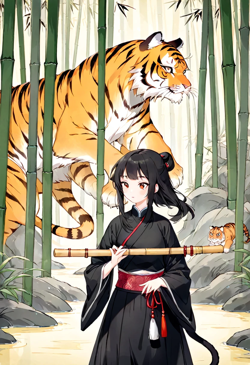 In a bamboo forest, a human transformed into a tiger meets an old friend and laments their past, Illustrated in the style of a traditional Chinese ink wash painting, resembling a handscroll with a horizontal composition,