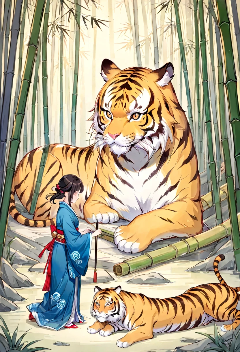 In a bamboo forest, a human transformed into a tiger meets an old friend and laments their past, Illustrated in the style of a traditional Chinese ink wash painting, resembling a handscroll with a horizontal composition,