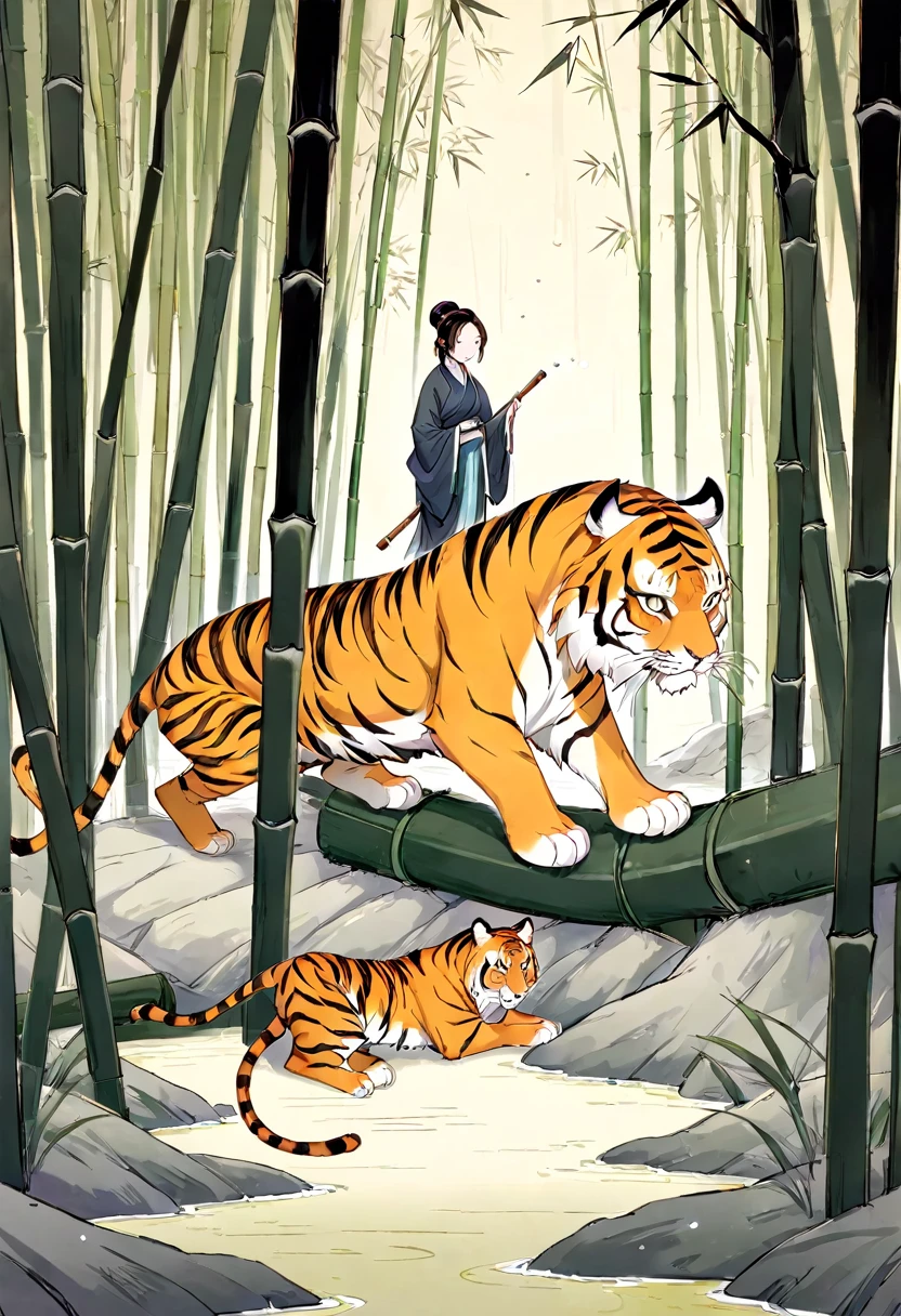 In a bamboo forest, a human transformed into a tiger meets an old friend and laments their past, Illustrated in the style of a traditional Chinese ink wash painting, resembling a handscroll with a horizontal composition,
