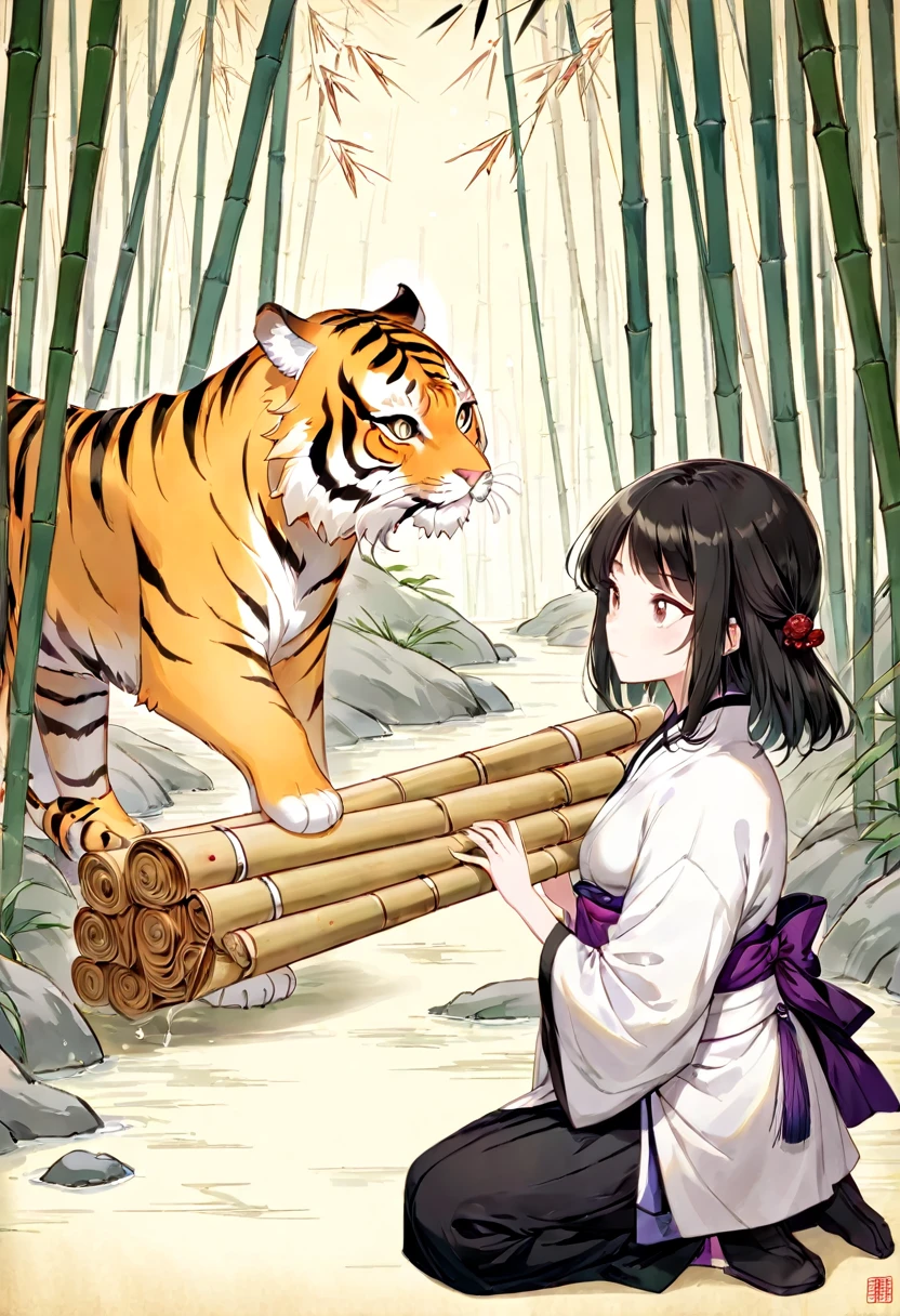 In a bamboo forest, a human transformed into a tiger meets an old friend and laments their past, Illustrated in the style of a traditional Chinese ink wash painting, resembling a handscroll with a horizontal composition,