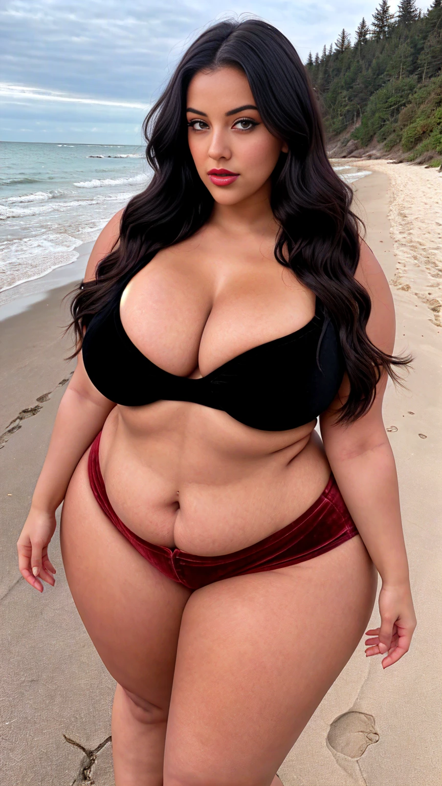 there is a Indian gorgeous American curvy plus size model Natalia Lozano in a red velvet shorts and black velvet cropped top and red lipstick standing in the roadside of a sea beach , angelawhite, alluring plus sized model, bbwchan, bbw, thicc, curvy model, full body, malika favre, a full body image of a plump woman, thick thighs, bigger hips, bigger waist, busty, beautiful thick female, close up full body shot, sexy girl, 30 years old, curvy, full body shot,