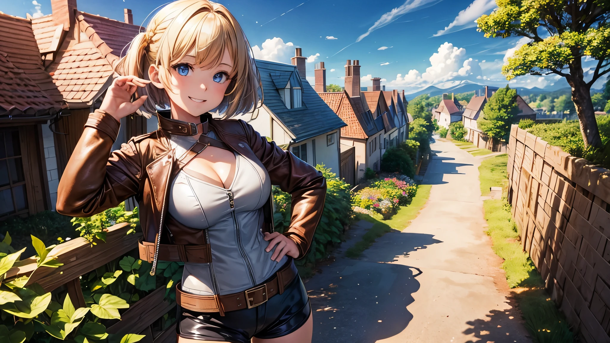 1girl, solo, far view, village, houses, trees, sun, clouds, fantasy, medieval, ((chestnut hair)), short hair, twintail, large breasts, ((brown leather jacket)), brown leather shorts, ((leather clothes)), cleavage 1:3, blue eyes, skirt, grin, looking at the viewer, standing, hair clip, golden necklate, hand on hip