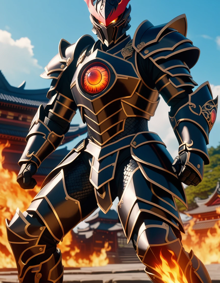 An epic close-up of the dark fighter, fists imbued with flames, facing the viewer, (alone), full body armor, (Armor covers the entire body), black, gold edges, Dragon Eye Inlaid Armor, Stance combat, full body shot, temple in the background, anime screencap, masterpiece, best quality, high detail, high resolution, uhd, 4k, 8k