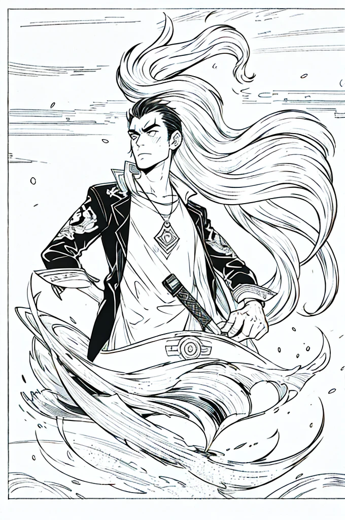 (best quality) (detail), 1 guy, manly, long hair, flat Illustration, punk