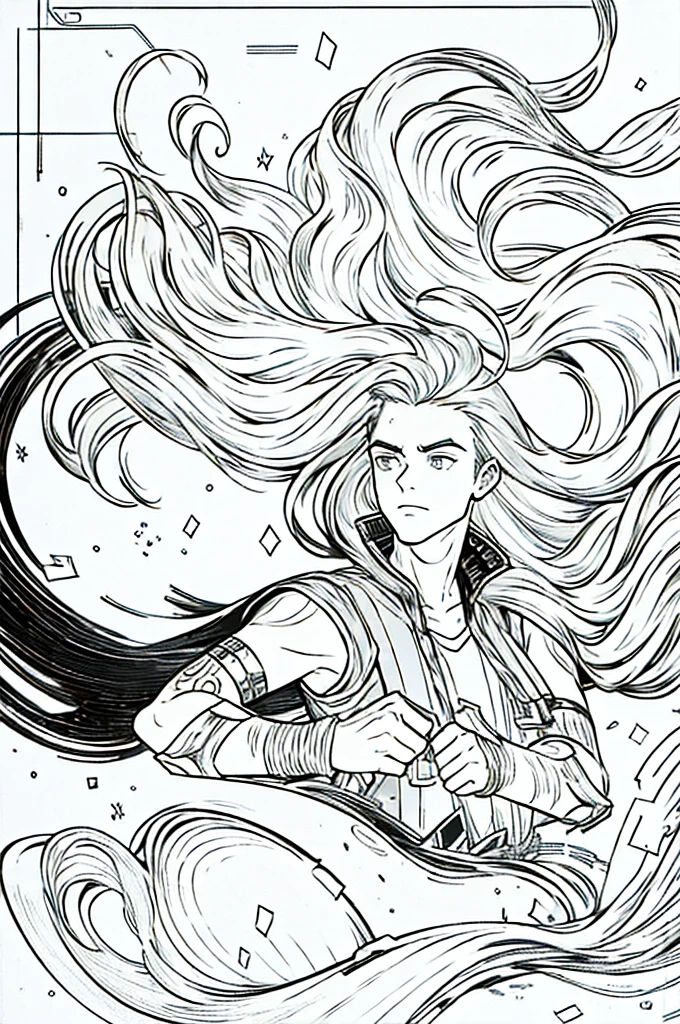 (best quality) (detail), 1 guy, manly, long hair, flat Illustration, punk