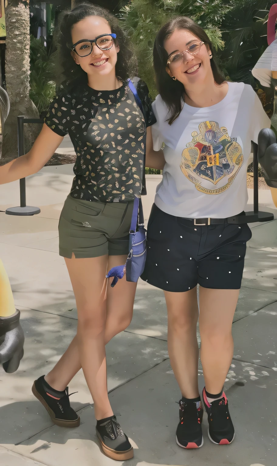 two women standing next to a statue of a person holding a banana, wearing shorts and t shirt, wearing shorts, dressed in a top and shorts, holding wands, casual pose, outside the school of magic, in disney, lucy hale and maisie williams, ayami kojima and lyde caldwell, vacation photo, waist high, medium shot of two characters