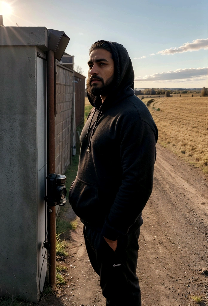 a latin man, 28 years old dark, without so much front, with comb over haircut , for the side and beard black, Warmly dressed in a hooded sweatshirt, he looks at the horizon from the side and thinks about his entire life., 1 man on the scene in the distance, far has to be far, a countryside scene, and a gravel road. wide angle camera scene, contemplative scene, full body shot, sun and daylight, movie perspective, High Definition, photorealistic