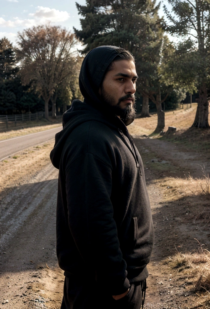 a latin man, 28 years old dark, without so much front, with comb over haircut , for the side and beard black, Warmly dressed in a hooded sweatshirt, he looks at the horizon from the side and thinks about his entire life., 1 man on the scene in the distance, far has to be far, a countryside scene, and a gravel road. wide angle camera scene, contemplative scene, full body shot, sun and daylight, movie perspective, High Definition, photorealistic