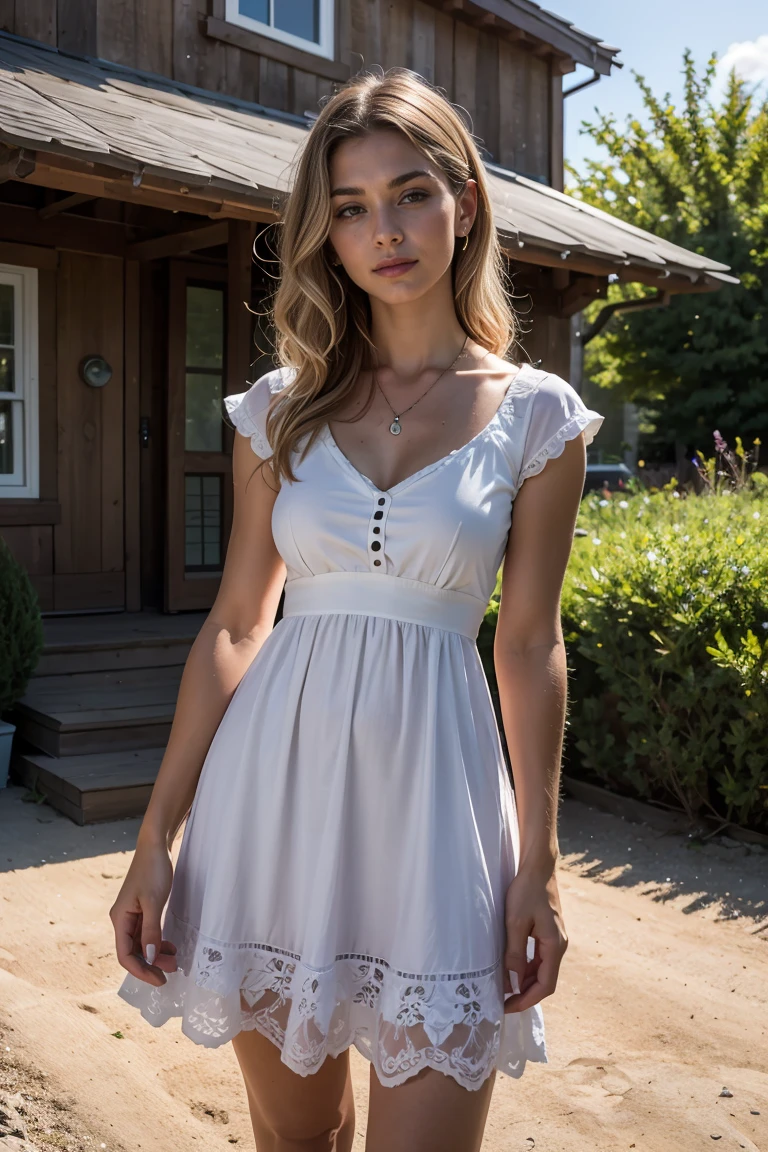A beautiful woman with light delicately filtering through her hair, her summer dress is beautiful and she's standing in front of a cottage