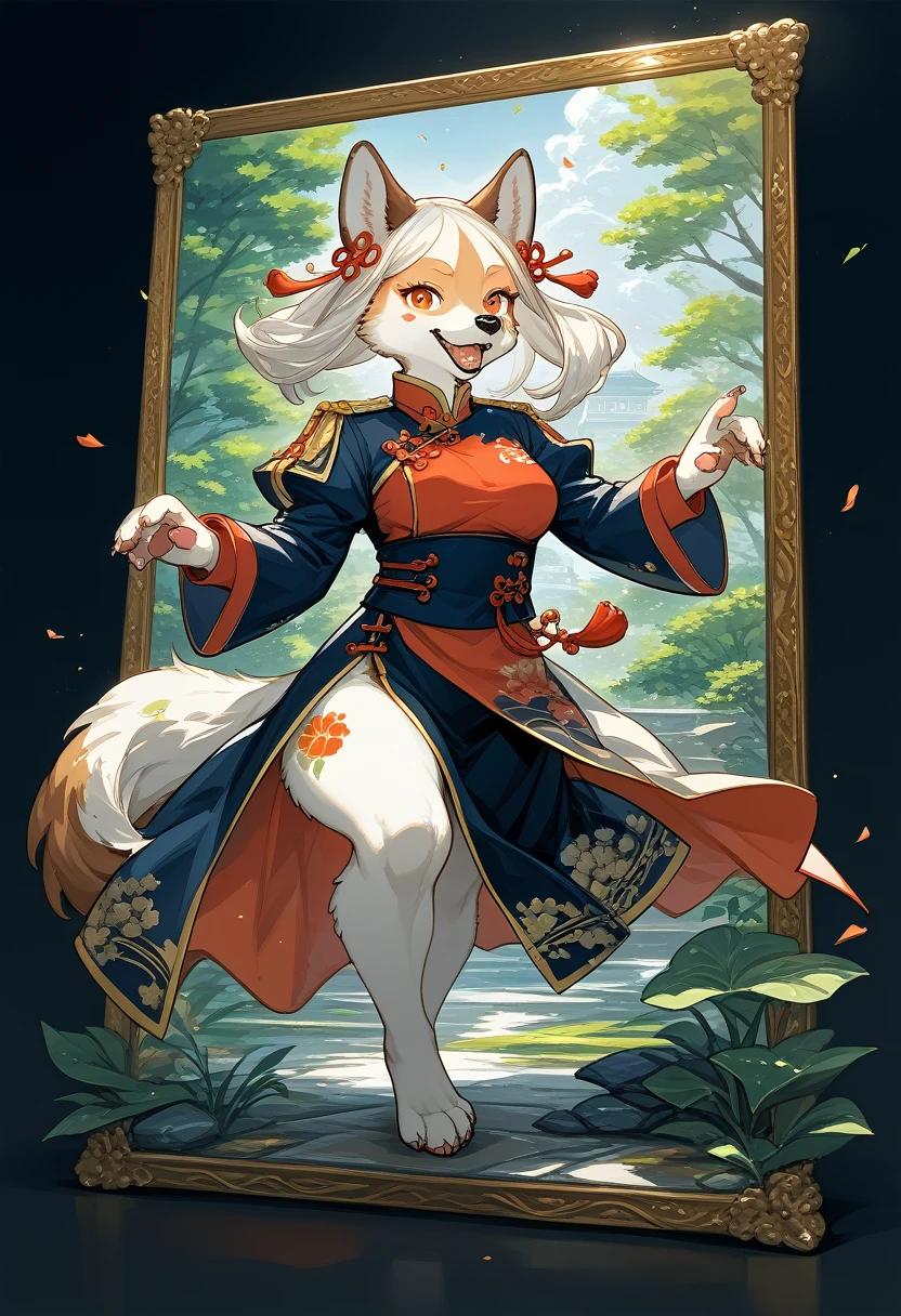 (top quality, High-quality illustrations, masterpiece) traditional Chinese ink painting, shuimobysim, badashanren Shukezouma(highly detailed beautiful face and eyes)absurdres, perfect anatomy(1girl, kemono, solo focus)(furry)(furry anthro:1.7)(Furry body, dog facial features, dog body features)(very detailed body fur)full body, dynamic pose, erotic, grayscale,