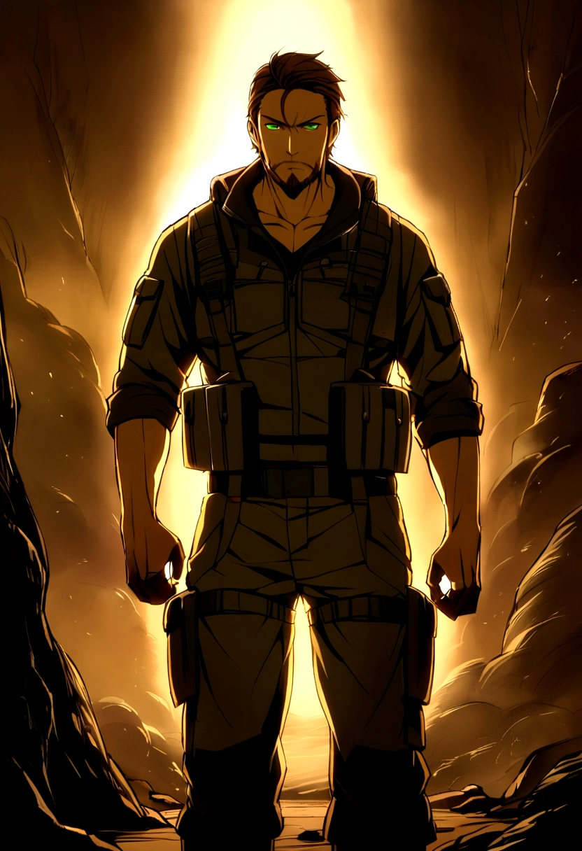 Man in his early thirties, with short brown hair and a thin beard, green eyes shining with determination, wearing a black tactical jacket, cargo pants and combat boots, in a dark environment with soft light illuminating your face