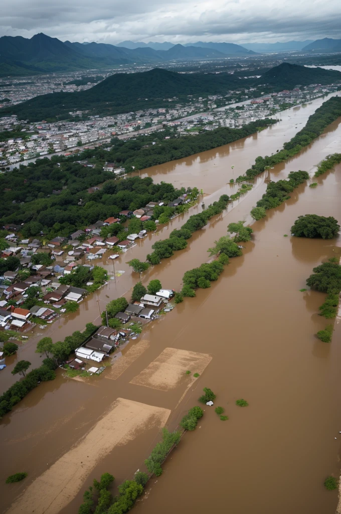 [Image of floods in Rio Grande do Sul]
The image captures a desolate scene of the floods in Rio Grande do Sul. An overflowing river breaks its banks, flooding vast rural and urban areas. Modest houses are partially submerged, with windows and doors surrounded by muddy water. People in small makeshift boats try to rescue trapped neighbors, while others carry belongings in bags as they try to escape flooded areas. The scenario is worsened by vegetation and partially submerged poles, creating an atmosphere of desperation and urgency. The sky is covered by heavy clouds, indicating that more rain could further worsen the already catastrophic situation.