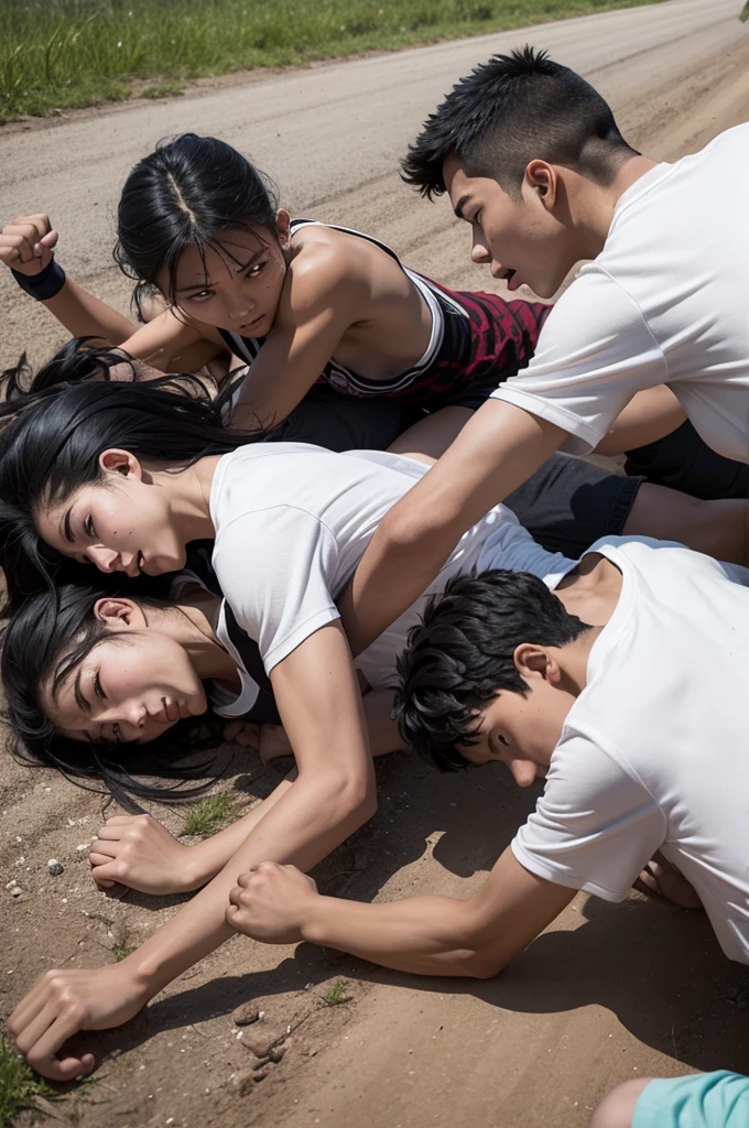 two young people, seen from afar, fighting with fists: lying on the floor, a 14 year old young man, stronger than the one who is punching, who is thin and 12 years old, white and black hair. They fight on the corner of a dirt road in a rural area