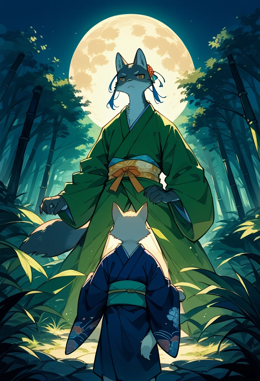cover_page, highres, top quality, best quality, absurdres, movie posters, perfect anatomy(furry, kemono, anthro, 1boy, 1girl, buddy)bamboo forest, dark night with beautiful full moon, backlighting, battle(Japan kimono)dynamic pose,