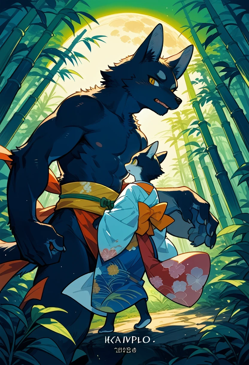 cover_page, highres, top quality, best quality, absurdres, movie posters, perfect anatomy(furry, kemono, anthro, 1boy, 1girl, buddy)bamboo forest, dark night with beautiful full moon, backlighting, battle(Japan kimono)dynamic pose,