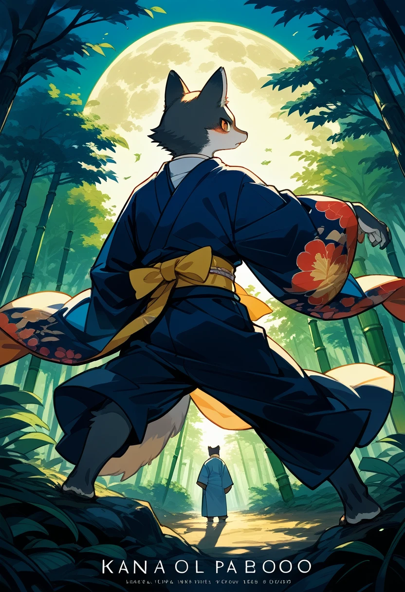 cover_page, highres, top quality, best quality, absurdres, movie posters, perfect anatomy(furry, kemono, anthro, 1boy, 1girl, buddy)bamboo forest, dark night with beautiful full moon, backlighting, battle(Japan kimono)dynamic pose,
