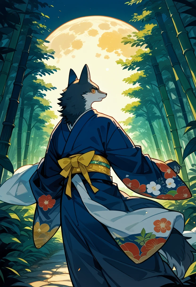 cover_page, highres, top quality, best quality, absurdres, movie posters, perfect anatomy(furry, kemono, anthro, 1boy, 1girl, buddy)bamboo forest, dark night with beautiful full moon, backlighting, battle(Japan kimono)dynamic pose,