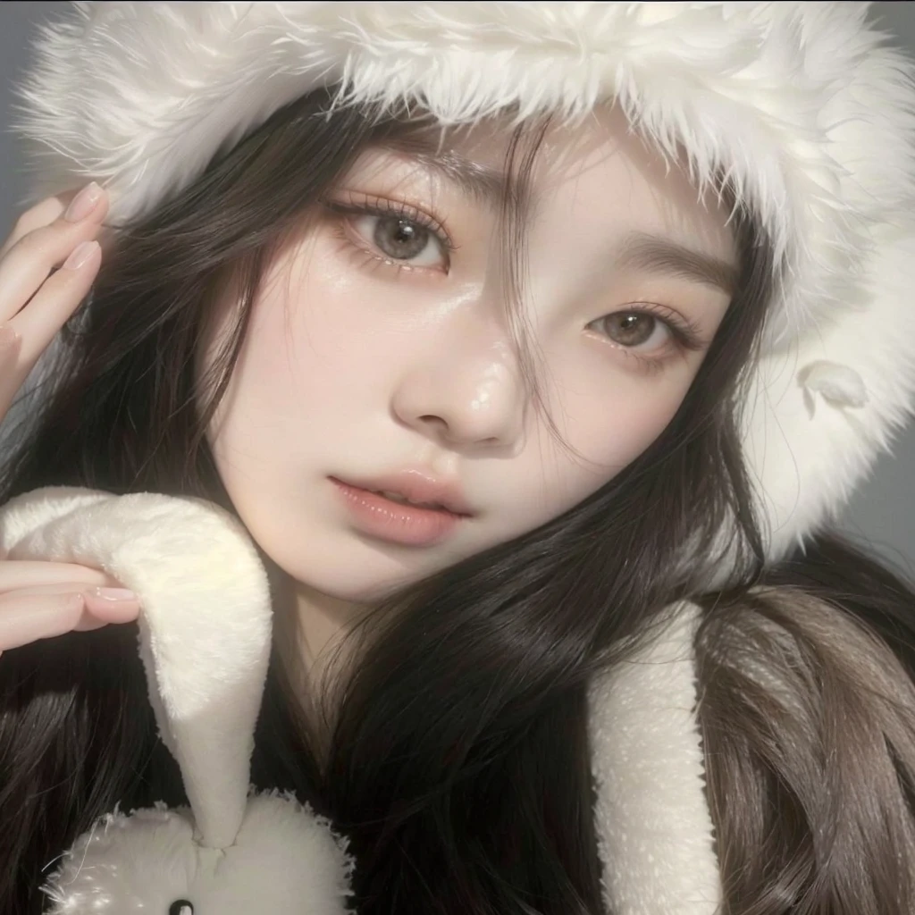 arafed woman wearing a furry hat and holding a stuffed animal, ulzzang, pale snow white skin, sakimichan, wan adorable korean face, pale fair skin!!, pale porcelain white skin, jinyoung shin, heonhwa choe, blackpink jennie, young adorable korean face, chiho, shikamimi, with cute - fine - face