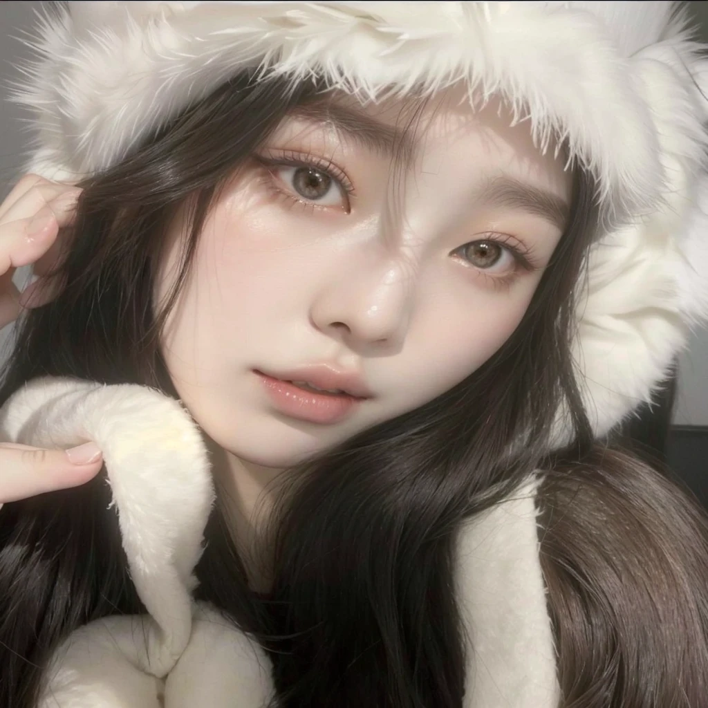 arafed woman wearing a furry hat and holding a stuffed animal, ulzzang, pale snow white skin, sakimichan, wan adorable korean face, pale fair skin!!, pale porcelain white skin, jinyoung shin, heonhwa choe, blackpink jennie, young adorable korean face, chiho, shikamimi, with cute - fine - face
