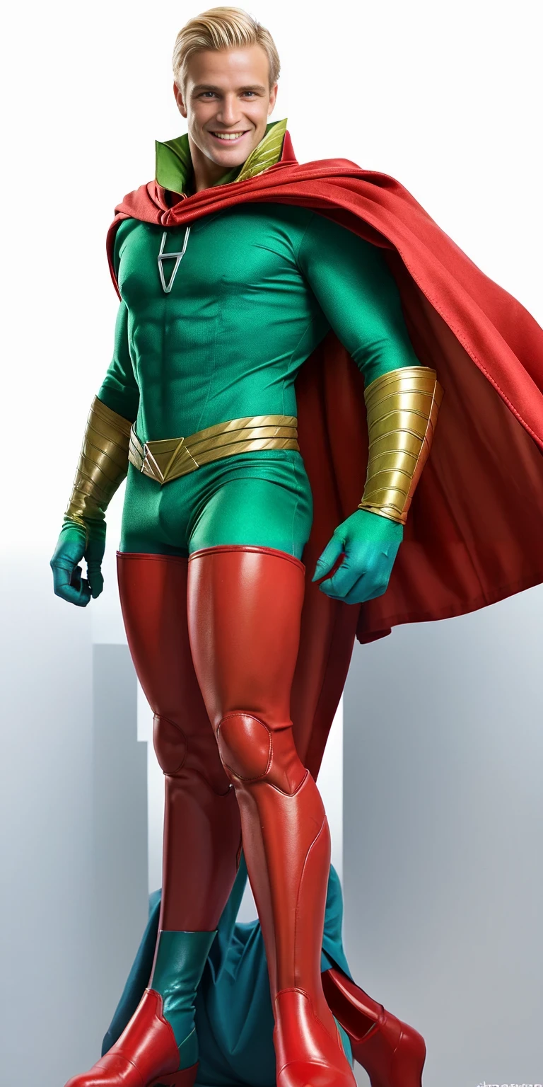 Draw the hero’s male legs in the color of the suit, and in red boots
