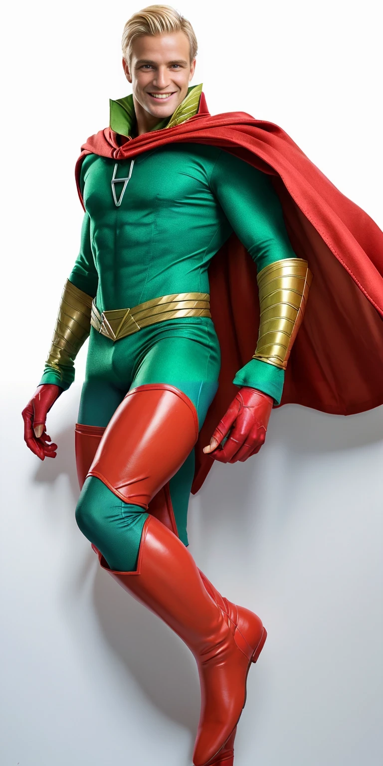 Draw the hero’s male legs in the color of the suit, and in red boots