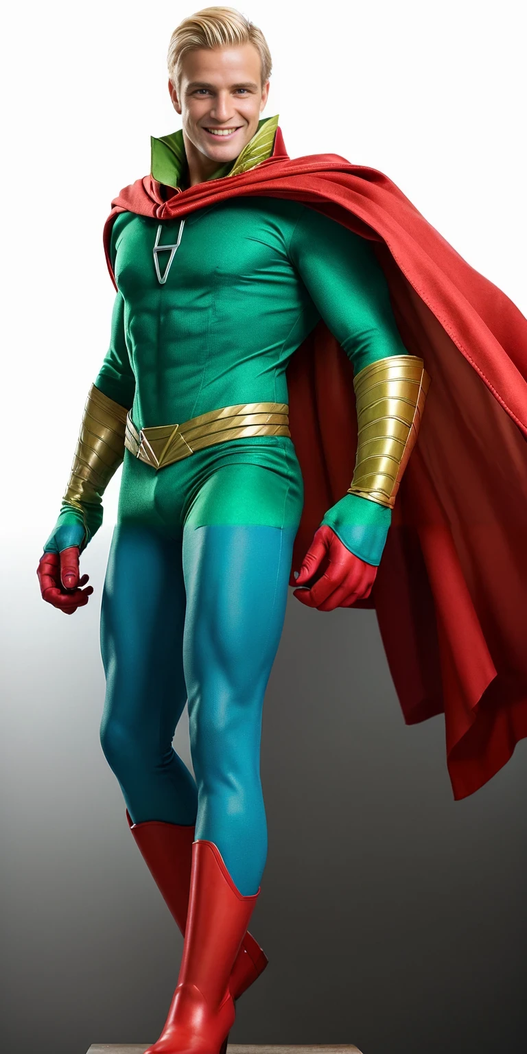 Draw the hero’s male legs in the color of the suit, and in red boots