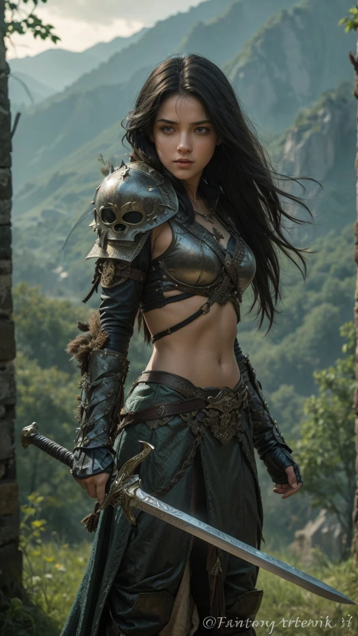 Make that woman with the sword on her back, light greenish eyes, medieval clothes