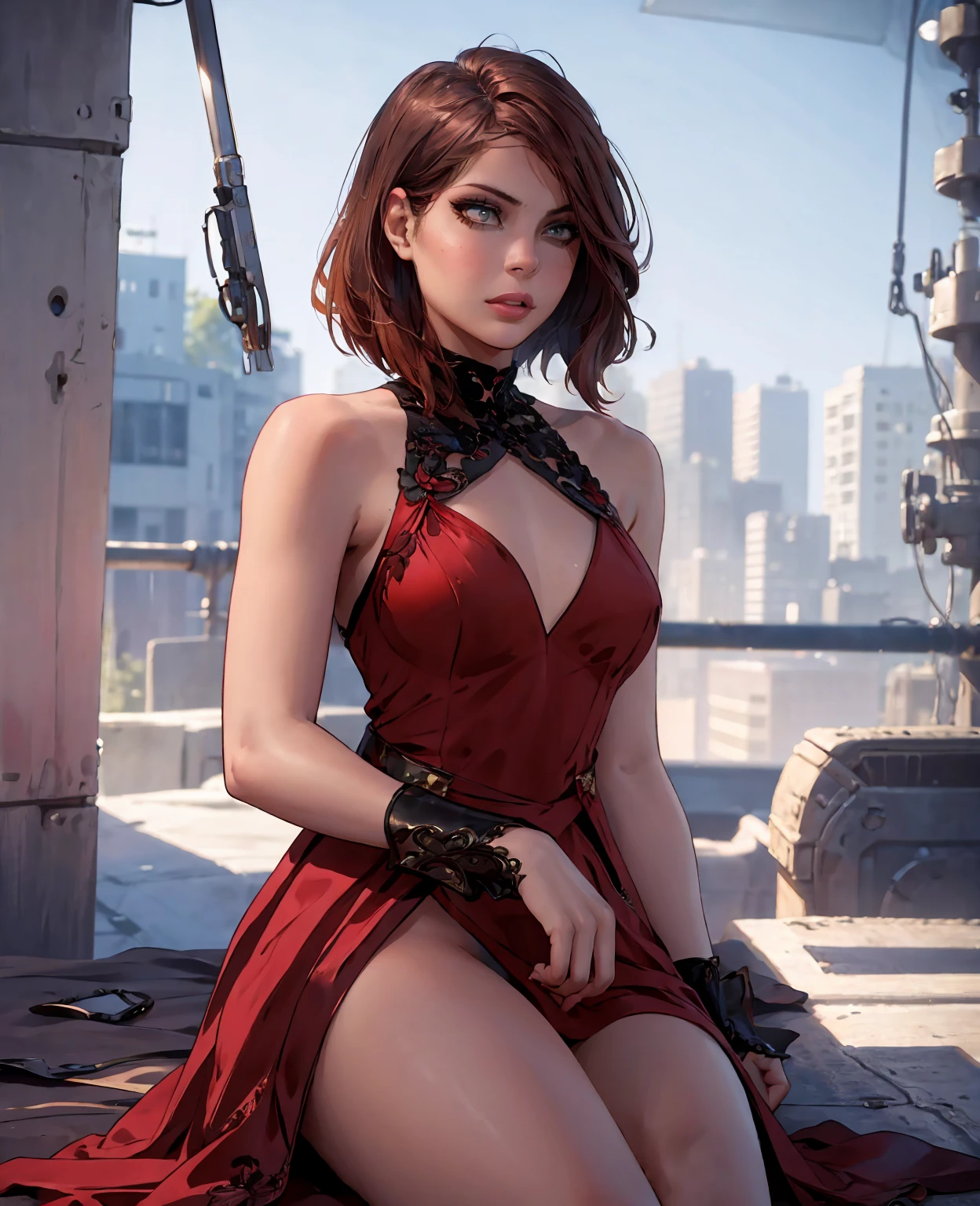 A beautiful, sexy redhead girl, detailed face, beautiful eyes, long eyelashes, detailed lips, intricate hairstyle, high fashion, elegant dress, graceful pose, dramatic lighting, cinematic, hyperrealistic, photorealistic, 8k, masterpiece, cinematic color grading, dramatic shadows and highlights, cinematic depth of field, stunning portrait