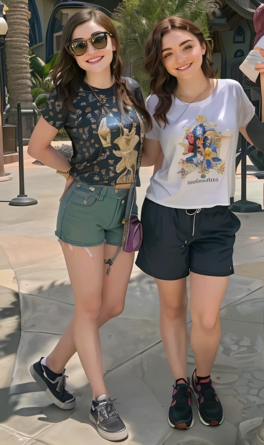 two women standing next to a statue of a person holding a banana, wearing shorts and t shirt, wearing shorts, dressed in a top and shorts, holding wands, casual pose, outside the school of magic, in disney, lucy hale and maisie williams, ayami kojima and lyde caldwell, vacation photo, waist high, medium shot of two characters