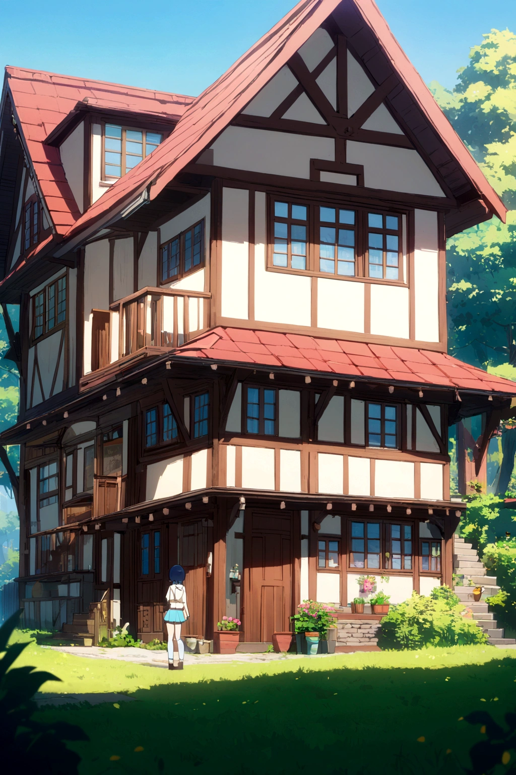 2D anime girl in a short skirt a little shorter shorter showing the house with the short skirt showing the house