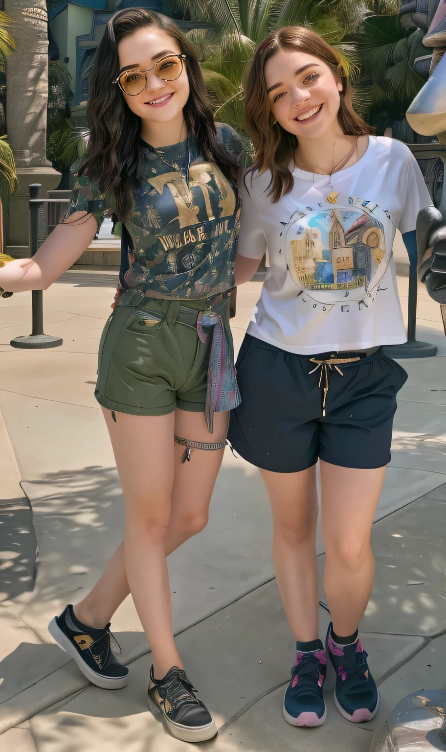 two women standing next to a statue of a person holding a banana, wearing shorts and t shirt, wearing shorts, dressed in a top and shorts, holding wands, casual pose, outside the school of magic, in disney, lucy hale and maisie williams, ayami kojima and lyde caldwell, vacation photo, waist high, medium shot of two characters