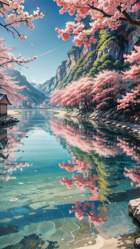 "Create a lively beach scene with bright colors. Paint a traditional Japanese wooden house a bright orange. The house should have several stories and be decorated with pink flowering trees, perhaps cherry blossoms, overhanging the roof. Include a red Volkswagen Beetle  classic parked next to it The backdrop should feature a stunning view of the beach with clear blue water, white sand and several small boats in the distance, add majestic cliffs covered in lush greenery that contrast with the deep blue sky above  orange trees laden with ripe fruit to enhance the colorful palette of the scene."