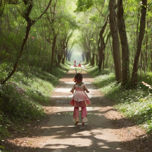 vision, (three lolitas: 2) Stable diffusion provides the best image quality, Morning sunlight, Spring scenery, Dew and flowers, Flying hair, I live in a dreamland of mushrooms and fairy tales., trip, running, and laugh. Forest Path