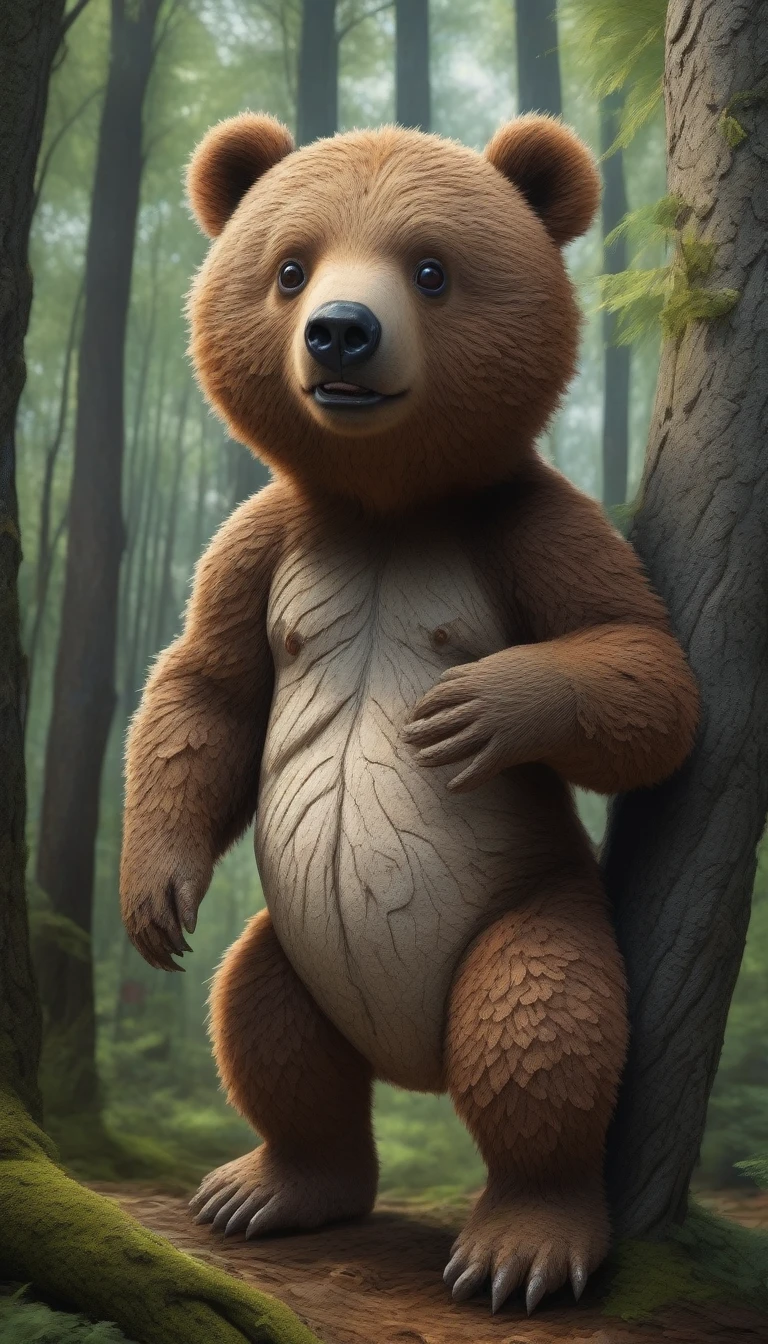 Great image quality, masterpiece, best image quality, super detailed, ultra detailed, UHD, HDR, DOF, depth of field, fictional very cute creature in a temperate hardwood forest that is a cross between a momonga and a bear, has big momonga eyes and little bear ears and jumps from tree to tree, entire body