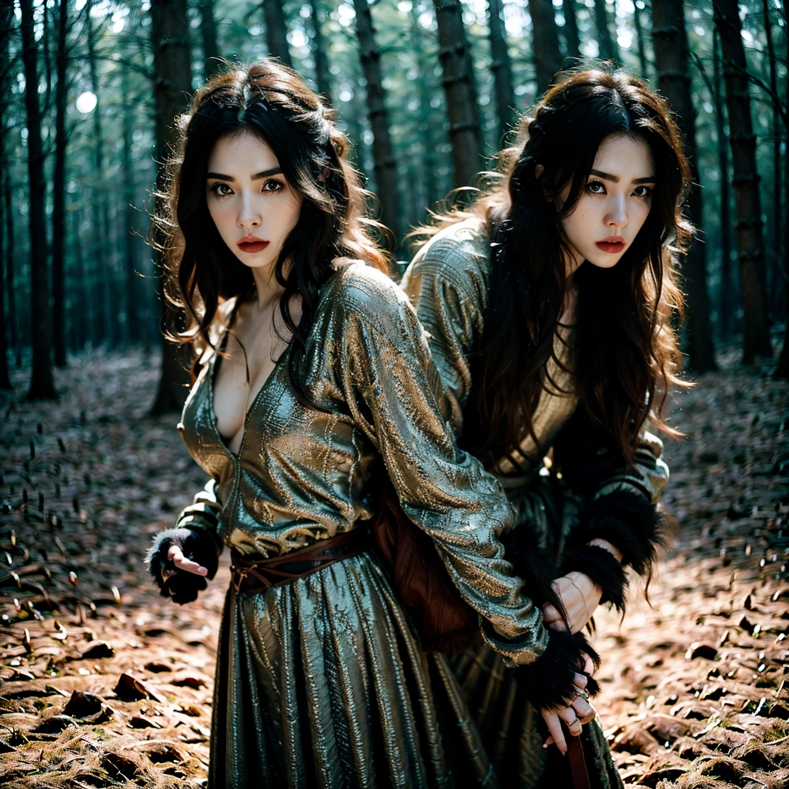 In a dense, eerie forest under the full moon, a stunningly beautiful lycanthrope woman, covered in fur and exhibiting distinct lycanthropic features and her breast and genitals, is engaged in a fierce battle with a medieval hunter. Her eyes are sharp and piercing, her elongated claws ready to strike, displaying her natural fur without any clothing. The medieval hunter, dressed in traditional medieval hunting attire, is actively fighting her, his face showing a profound sense of regret and sadness. He wields a weapon, perhaps a silver sword or crossbow, in a dramatic pose as he tries to defend himself. The forest is dark, with tall, ancient trees casting long shadows, and the full moon casts a haunting glow over the intense confrontation. (8K resolution)