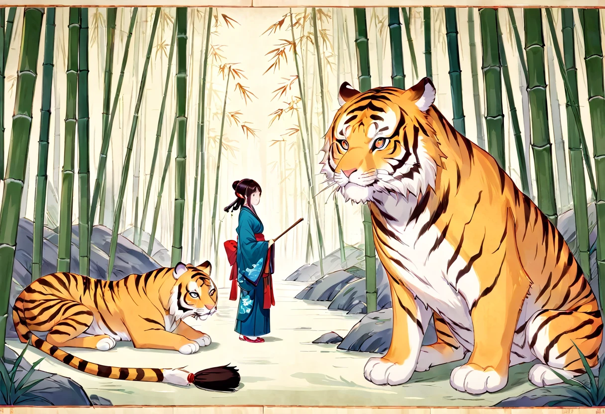 In a bamboo forest, a human transformed into a tiger meets an old friend and laments their past, Illustrated in the style of a traditional Chinese ink wash painting, resembling a handscroll with a horizontal composition,