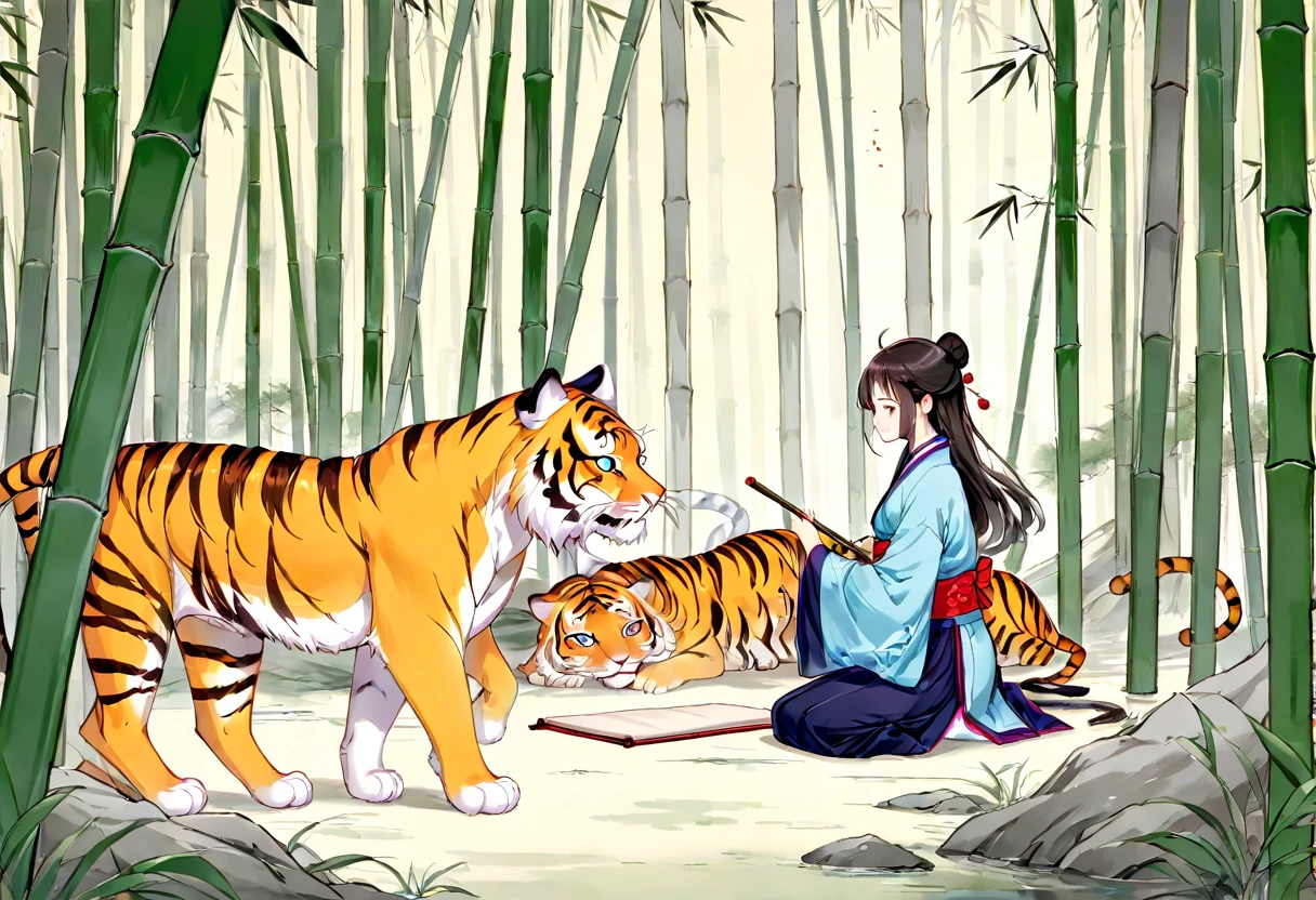 In a bamboo forest, a human transformed into a tiger meets an old friend and laments their past, Illustrated in the style of a traditional Chinese ink wash painting, resembling a handscroll with a horizontal composition,